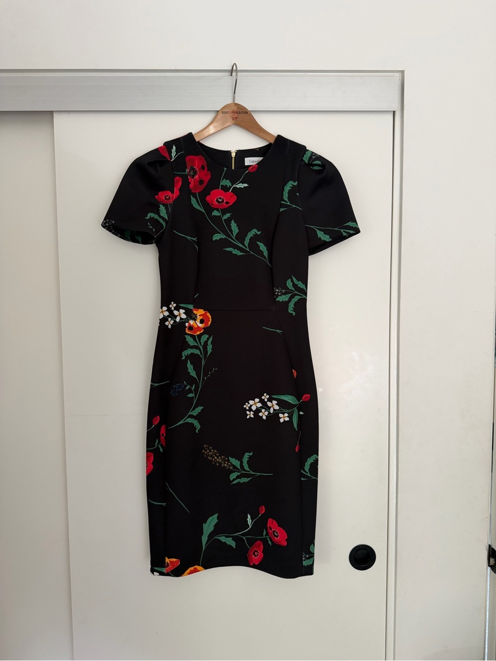 Calvin Klein Black Floral Sheath Dress with Red & Green Accents